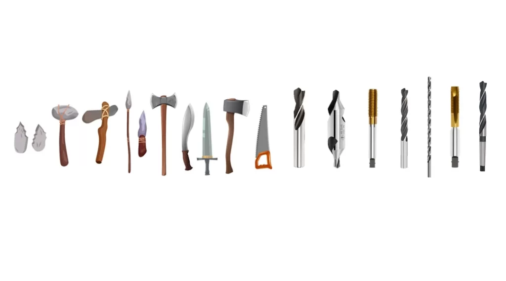 A collage showing the evolution of cutting tools from early steel versions to modern carbide tools